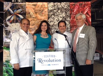 From left: Seafood R’evolution owner/chef John Folse, director of communications Michaela York, owner/chef Rick Tramonto, and GodwinGroup Chairman and CEO Philip Shirley at the announcement event.